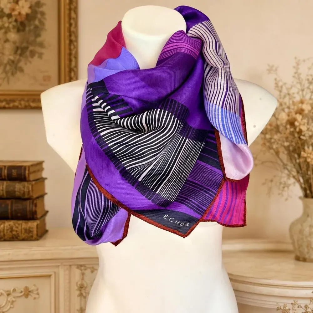 Vintage Echo 1980s Silk Geometric Color Block Abstract Scarf Purple Pink 35 x 35